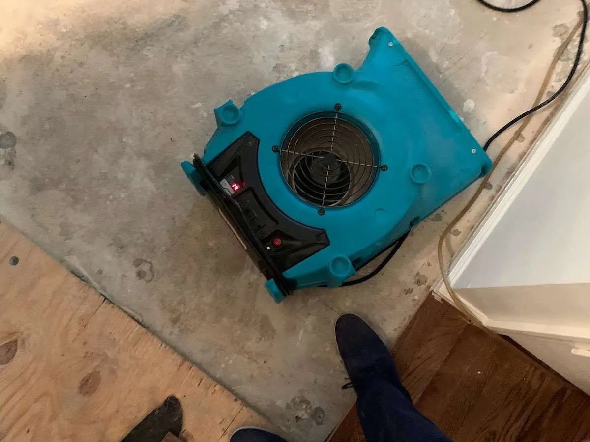 Air mover drying subfloor during Commercial Water Damage Restoration in Broadview